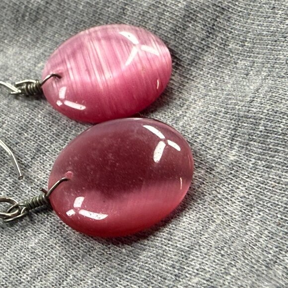 Pink Cats Eye Drop Earrings With Silver Tone Hooks Pierced Women Jewelry - Picture 9 of 14